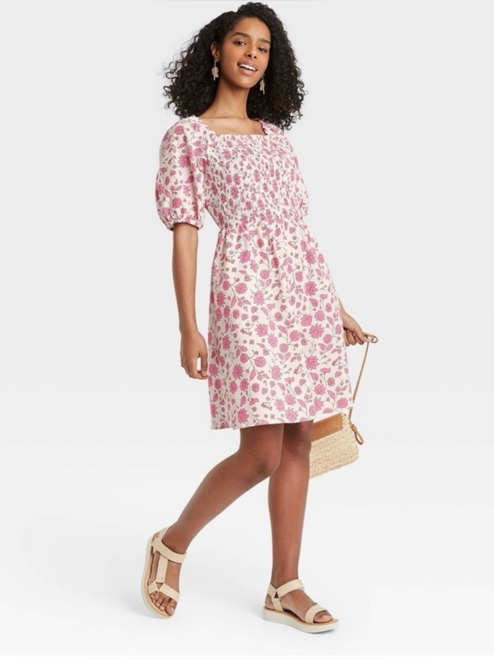 Universal Thread Cotton Pink Floral Smocked Puff Sleeves Babydoll Dress XS NWT
